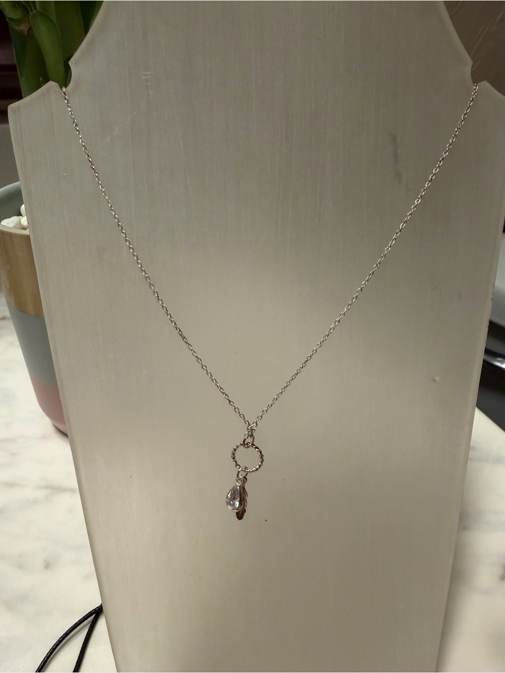 Delicate Silver Hoop Pendant Necklace with Crystal Drop